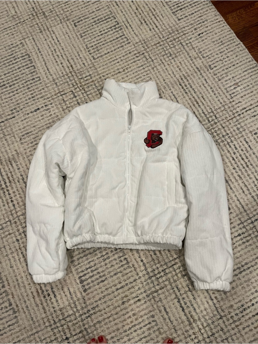 Women’s White Puffer Bomber Jacket with Red Patch